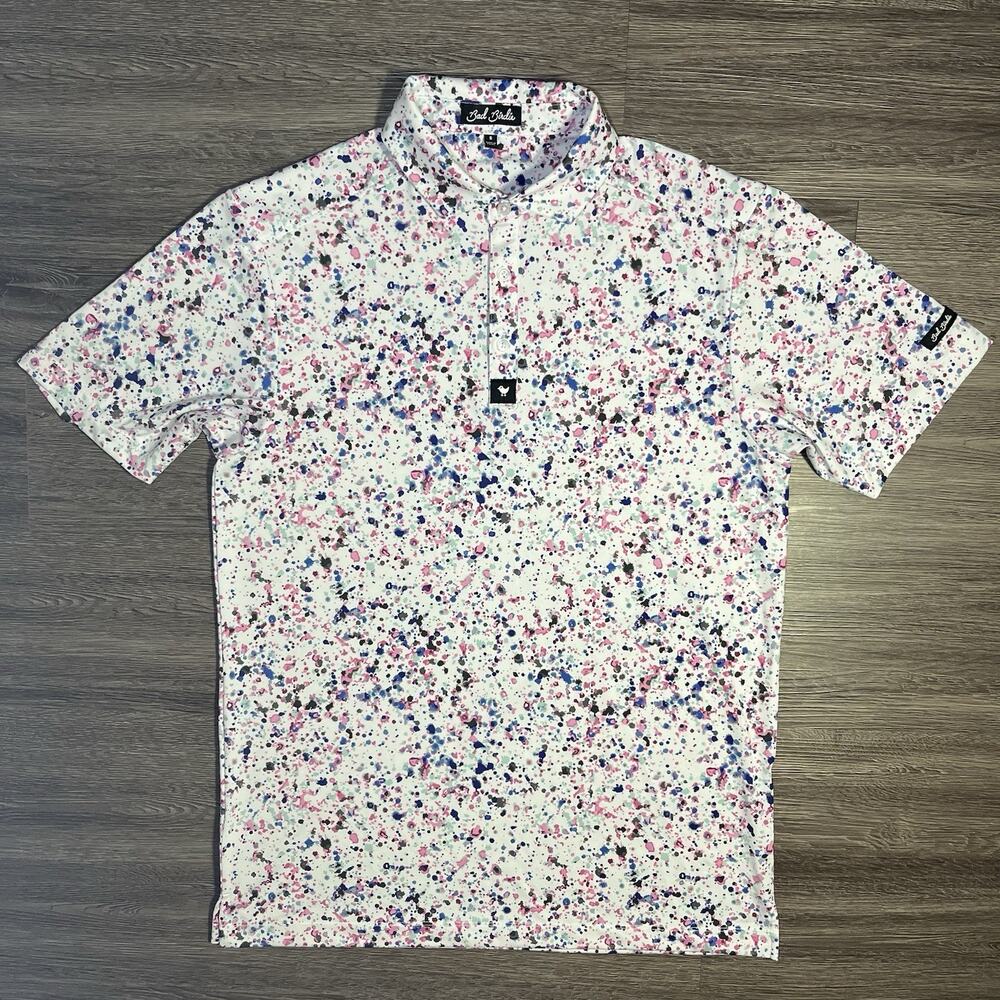 Bad Birdie Paint Splatter Performance Golf Polo Men's S White Pink UPF 50 EUC